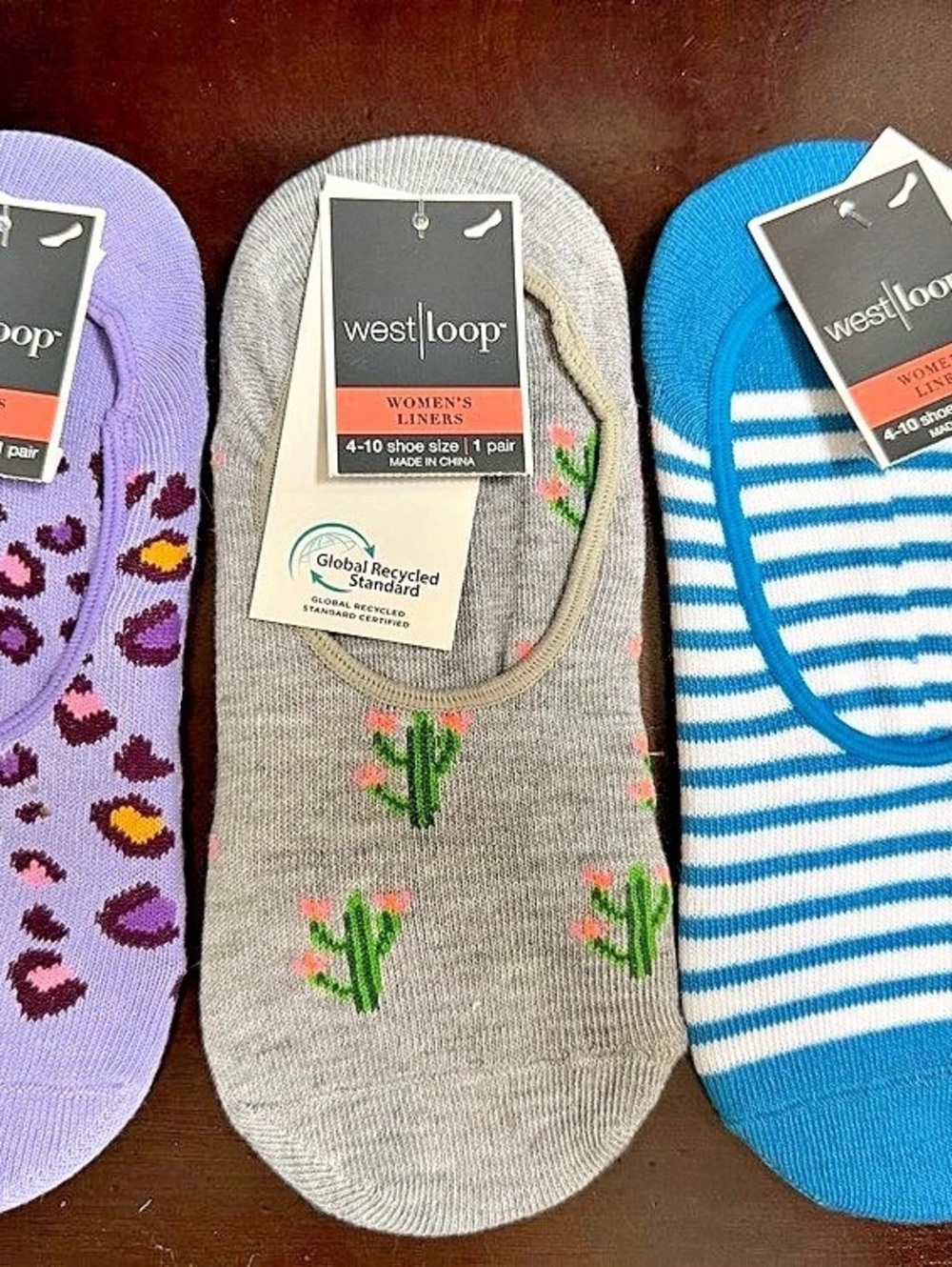 West Loop Women's Liner Socks 3-Pack in Purple, Gray & Blue NWT